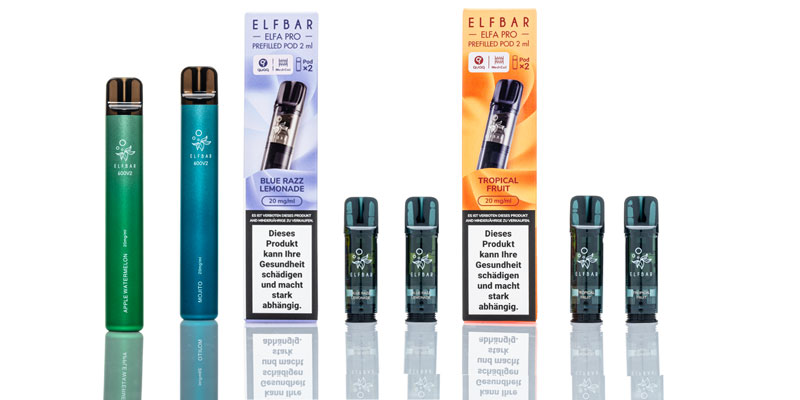 Elf Bar ELFA Pro Vapes in verschiedenen Geschmacksrichtungen, darunter Blue Razz Lemonade und Tropical Fruit