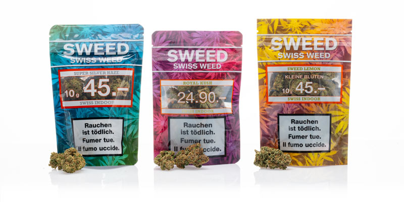 Drei Packungen CBD-Blüten von Sweed: Super Silver Haze, Royal Kush, Sweed Lemon