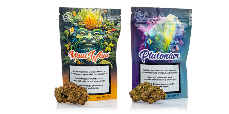 Zwei Packungen CBD-Blüten von Urban Pharm: Plutonium und Maui Waui