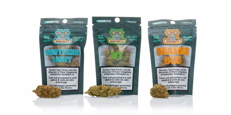 Drei Packungen CBD-Blüten von Budbunny's: Northern Light, V1 und Orange Bud