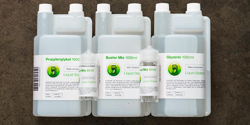 Basis-Liquids wie Propylenglykol, Glycerin und Buster Mix f&uuml;r DIY-Vapes ohne Nikotin